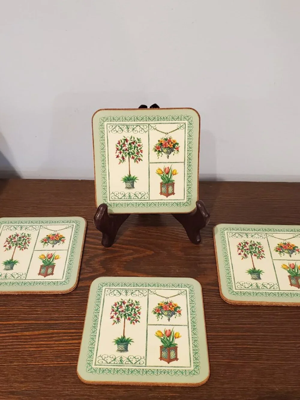 Aynsley Garden Coasters Acrylic Cork Back Square Planter Flower Set of 4 England